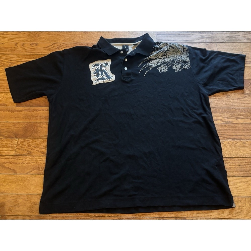 Vintage Karl Kani Gold Graphic Logo Print Black Beige Polo Shirt Size 3XL Y2K
